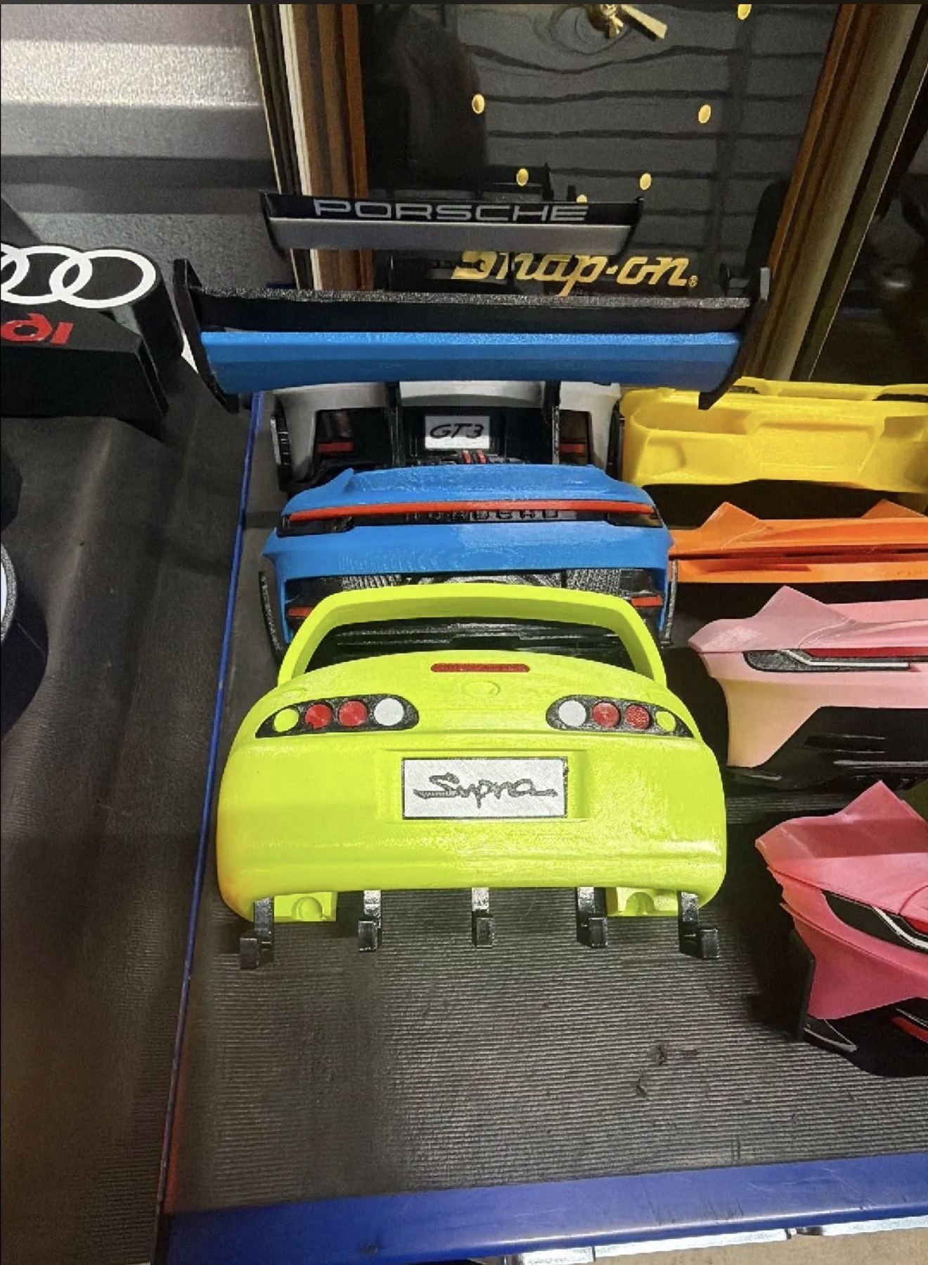 Custom car-themed 3D print display example.